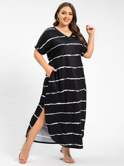 Plus Striped V-Neck Cuffed Sleeve Slit Pocket Maxi Dress