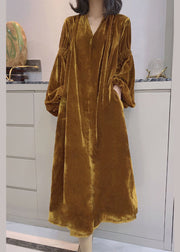 Women Yellow Puff Sleeve Pockets Velour Dress Spring