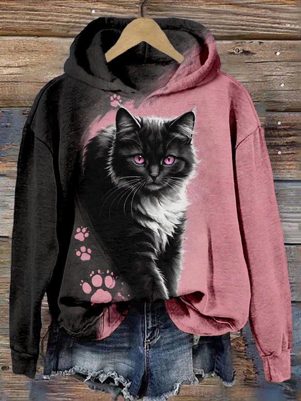 Cute Cat Pattern Print Vintage Cozy Hoodie