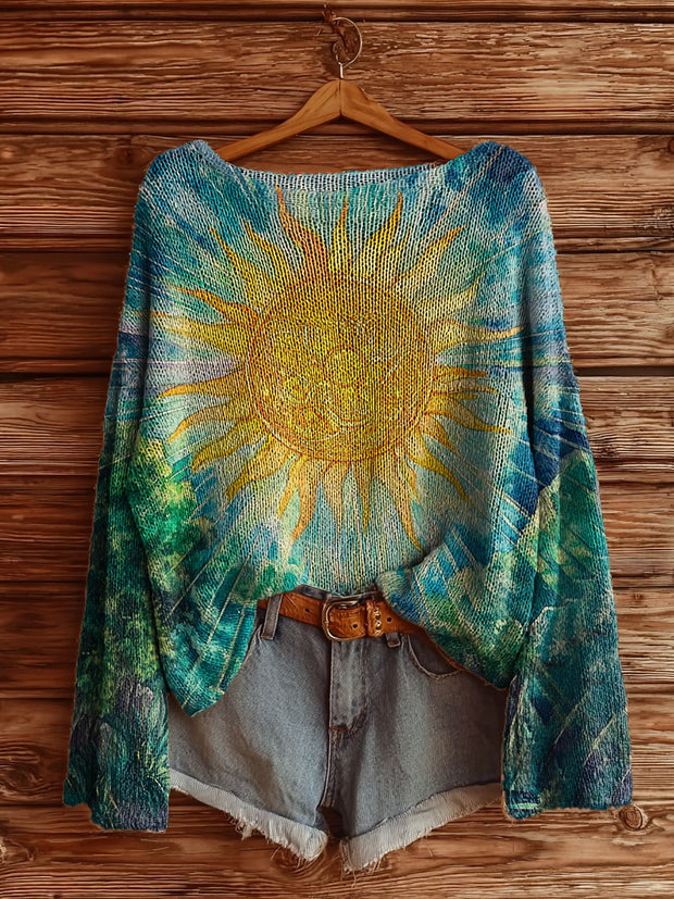 Retro Sun Abstract Green Forest Women's Casual Pullover Sweater
