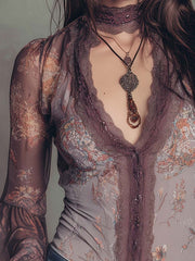 Bohemian Retro Lace Neck sheer Shirt