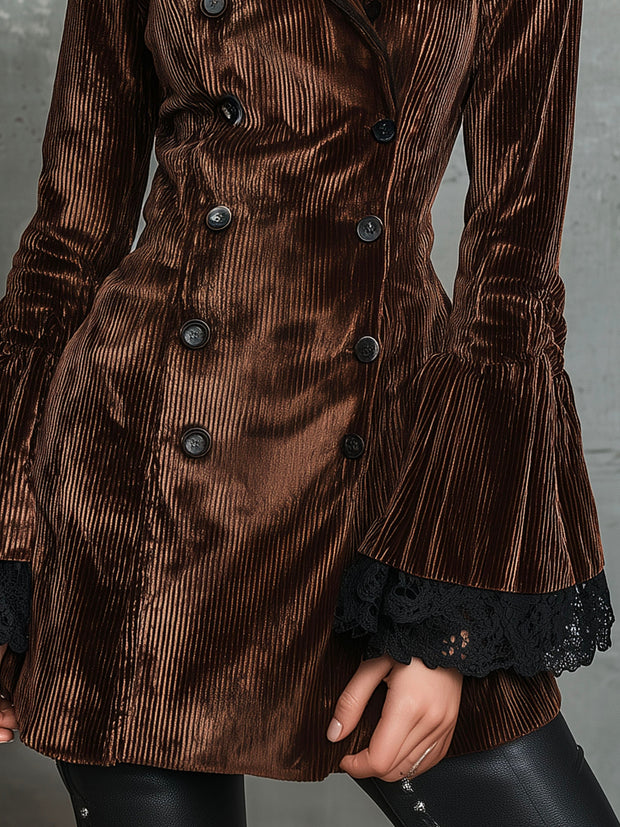 Vintage Velvet Double-Breasted Long Sleeve Jacket With Lace Cuff And Flared Sleeves