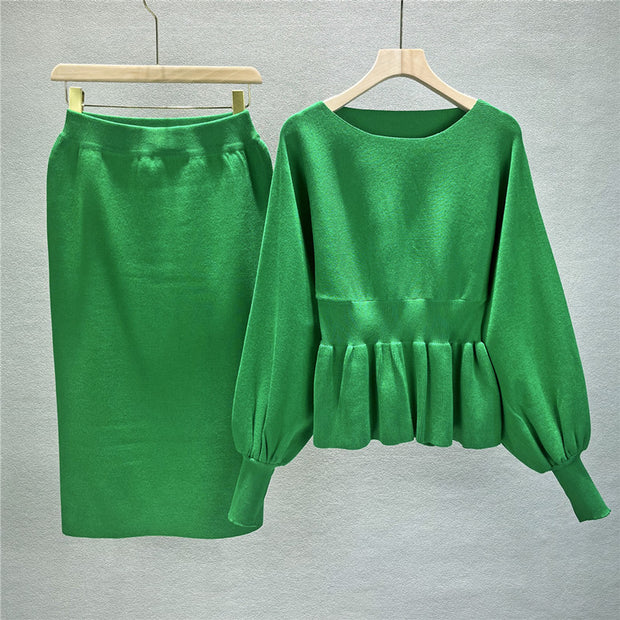 Lantern long sleeve hip wrap skirt two piece set