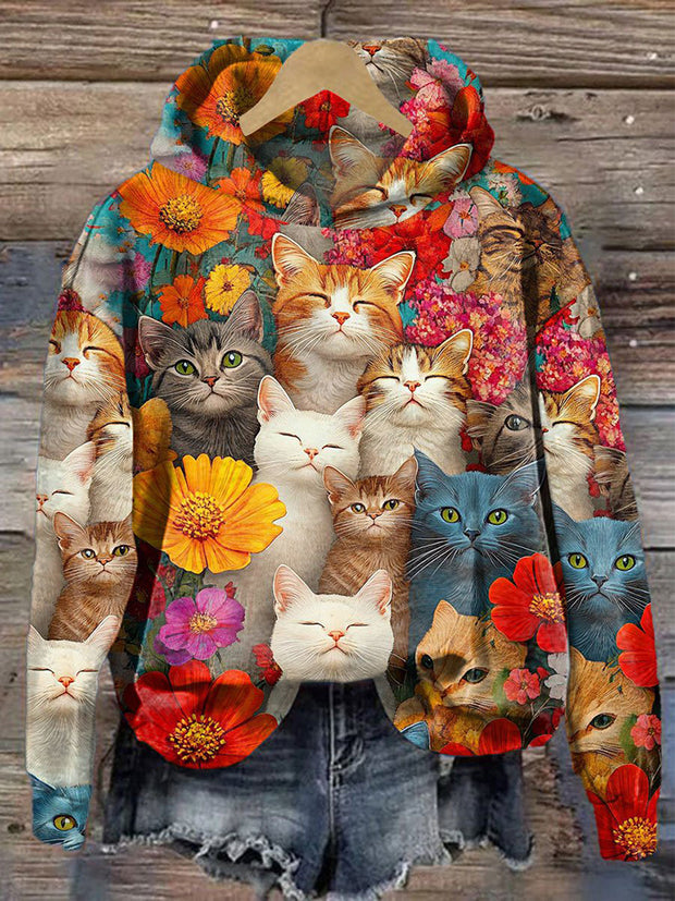 Women Colorful Cats And Floral Art Print Casual Hoodie