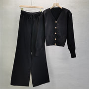 Retro knitted short jacket top wide leg pants two-piece set