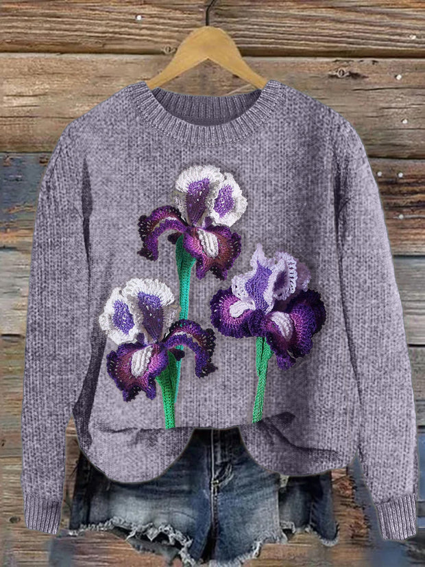 Classy Irises Crochet Art Cozy Knit Sweater