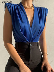 Sexy Bodysuit Women Fashion Ruched V Neck Sleeveless Bodycon Rompers Womens Jumpsuit Elegant Black Overalls Shorts Summer 2022