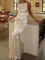 Boat neck satin maxi dress