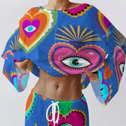 Colordate Women's Eyes And Love Print Long Sleeve Cotton Homewear Set