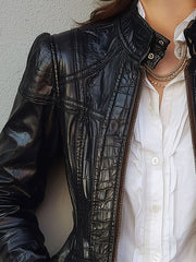 Classic Stand Collar Crocodile Leather Jacket