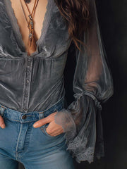 Slate Velvet Plunge Lace Sheer-Sleeve Top
