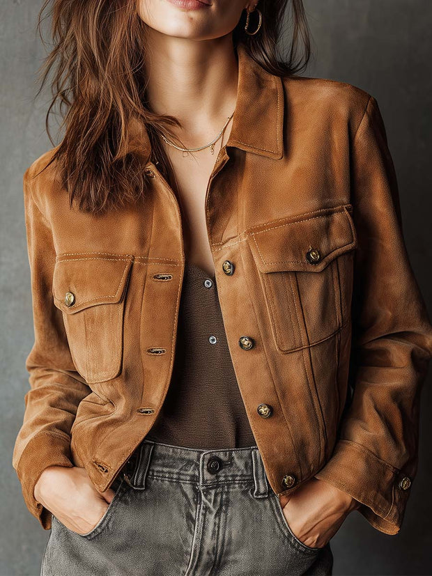 Vintage Suede Button-Up Utility Jacket