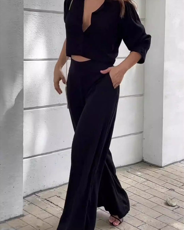 Cropped Top and Wide Leg Pants Two Piece Set