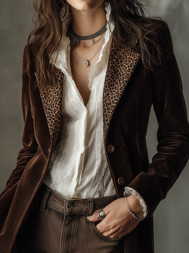 Retro Velvet Leopard Print Patchwork Jacket