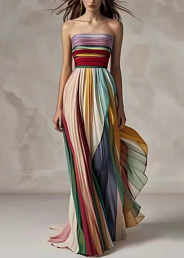 Slim Fit Striped Cold Shoulder Wrinkled Long Dress Sleeveless(Ships in 24hrs)