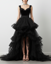 Elegant Black Tiered Ruffle High-Low Gown