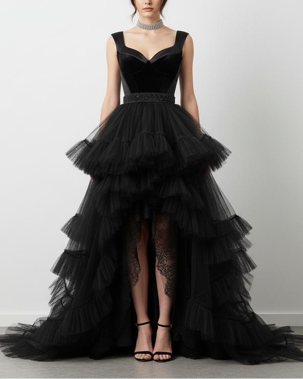 Elegant Black Tiered Ruffle High-Low Gown