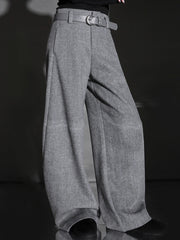 Fashion Belted Tapered Wool Trousers for Women – Elegant Cocoon Silhouette Long Suit Pants