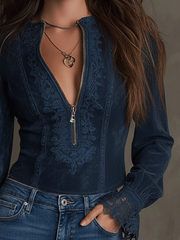 Bohemian Midnight Indigo Lace Zip-Up Shirt