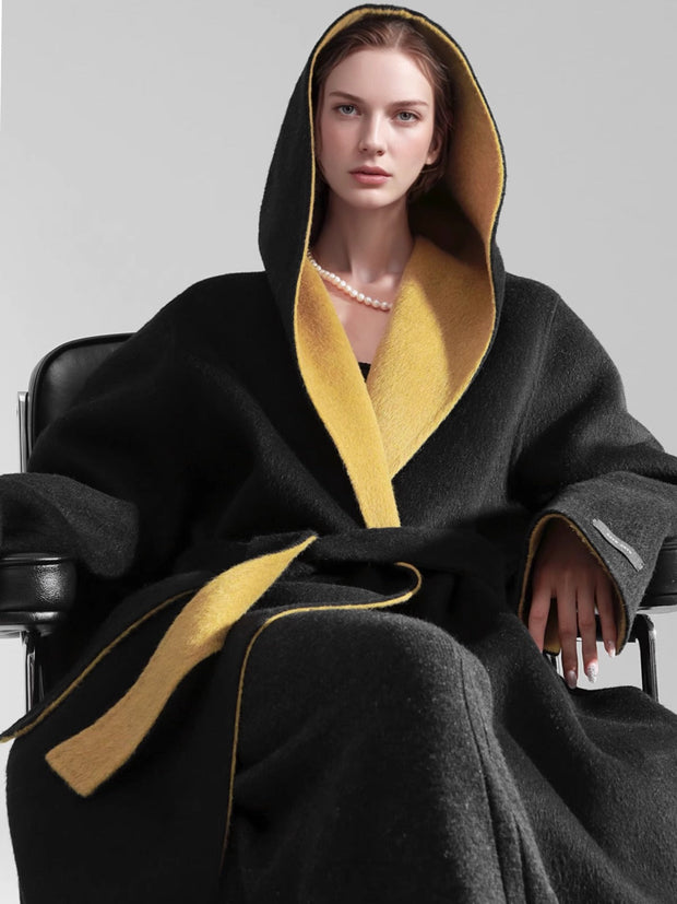 Elegant Double-Faced Tencel Wool Cape Coat for Women – Luxury Hooded Two-Tone Winter Outerwear