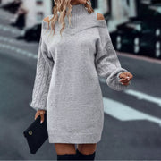 Half Turtleneck Off-the-shoulder Long Sleeve Knitted Dress