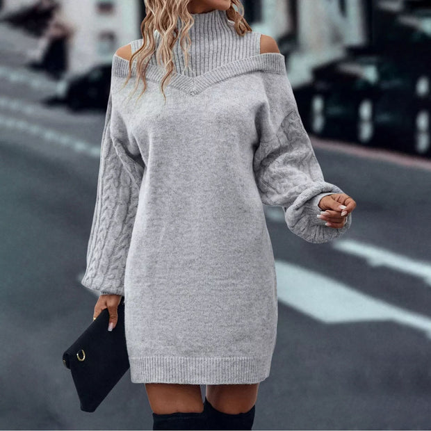 Half Turtleneck Off-the-shoulder Long Sleeve Knitted Dress