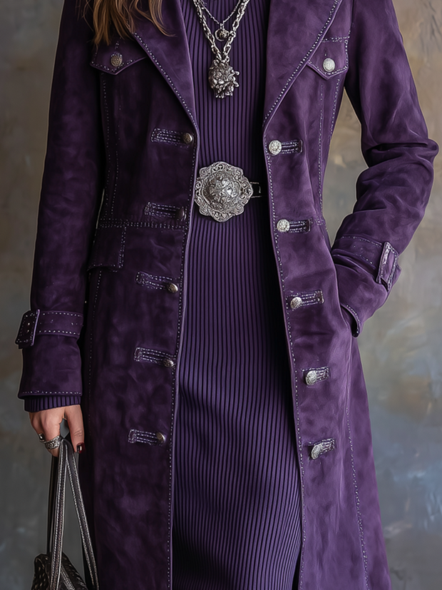 Vintage Flap Pockets Contrast Stitching Polyester Suede Coat