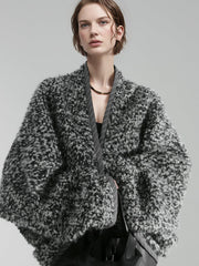 Old Money Style Batwing Sleeve Cardigan Coat for Women – Double-Faced Alpaca Wool Cape with Leather Trim and Speckled Dot Detail