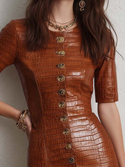 Caramel Croc-Embossed Faux Leather Midi Dress