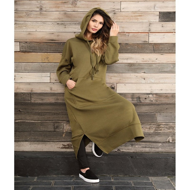 Autumn Winter New Loose Velvet Casual Fashion Big Pocket Knitted Hooded Maxi Dress