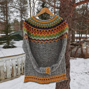 Unisex Vintage Icelandic Gray Knit Jacquard Warmth Crew Neck Sweater