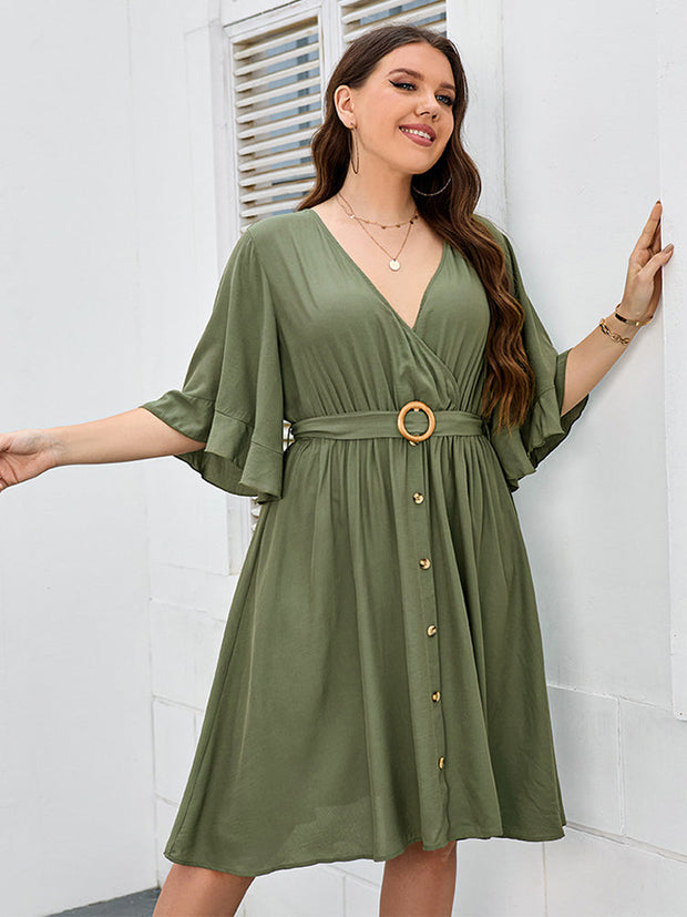 Plus Green Button Tie Back Wrap Ruffle Sleeve Midi Dress