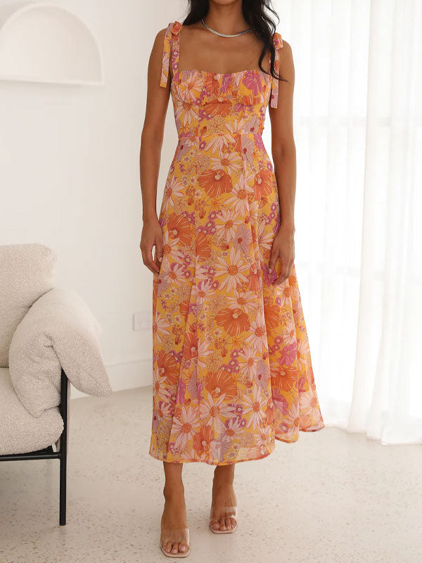 Tie up printing midi dress