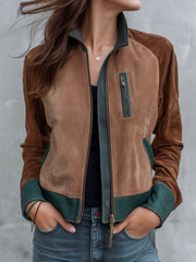 Retro Colorblock Zip-Up Microsuede Leather Jacket