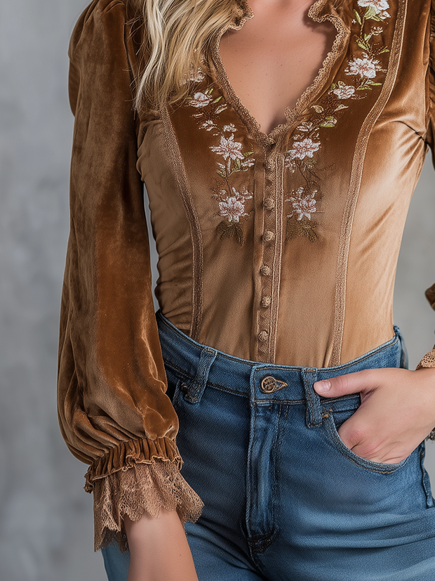 Vintage Embroidered Lace Velvet Blouse