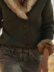 Olive Green Lapel Collar Eco Fur Trim Knit Jacket