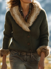 Olive Green Lapel Collar Eco Fur Trim Knit Jacket