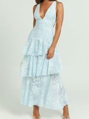 V neck mesh tiered maxi dress