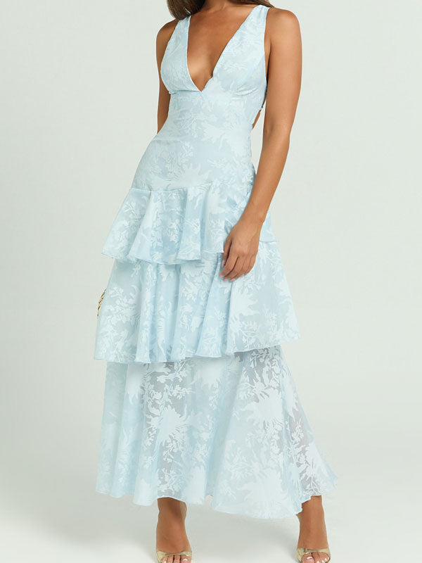 V neck mesh tiered maxi dress