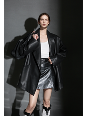 Women’s Short Leather Trench Coat – Tailored Waist Blazer Collar Lambskin Jacket for Fall