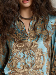Sky Blue & Gold Luxurious Baroque Scroll Print Shirt