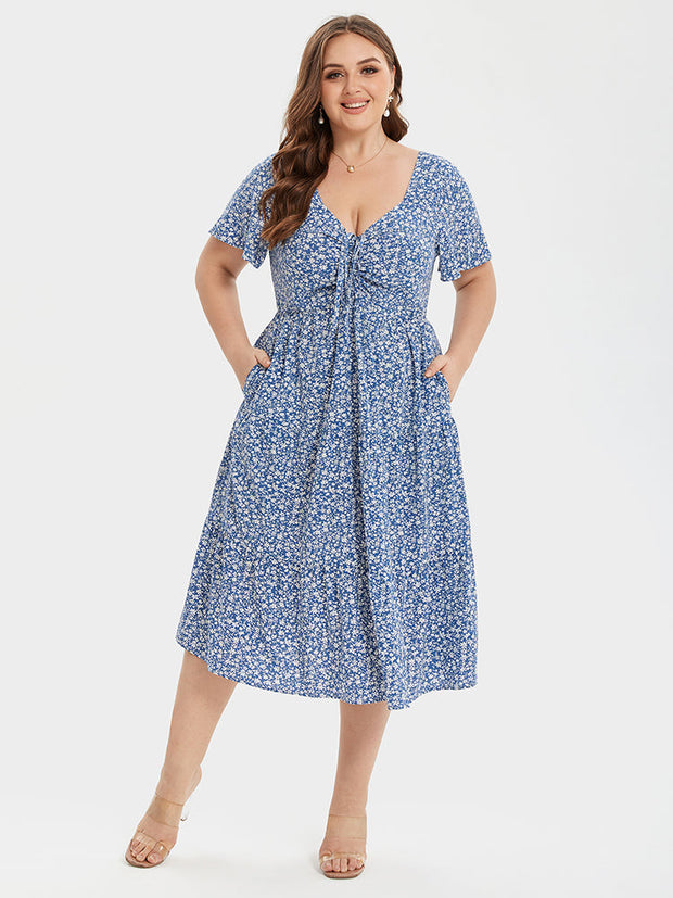 Floral Print Knot Front Ruffle Hem Midi Dress