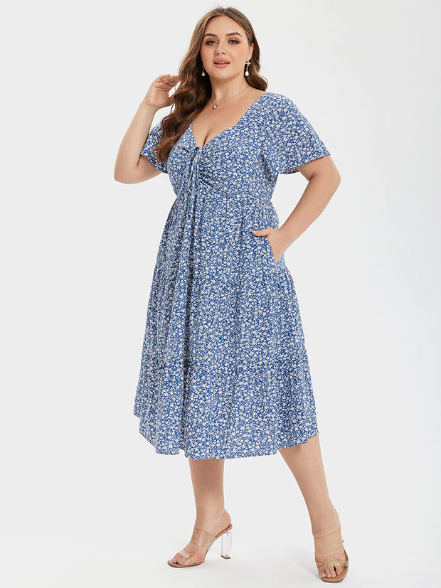 Floral Print Knot Front Ruffle Hem Midi Dress