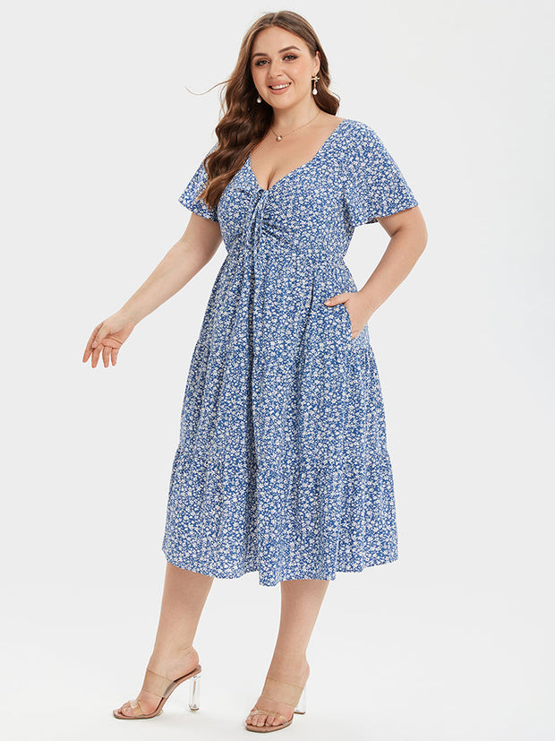 Floral Print Knot Front Ruffle Hem Midi Dress