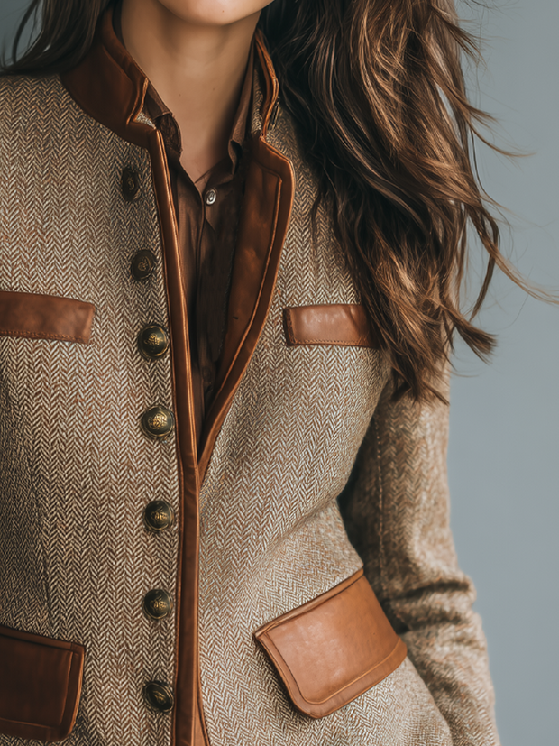 Vintage Eco-Leather Trim Pocket Tweed Jacket
