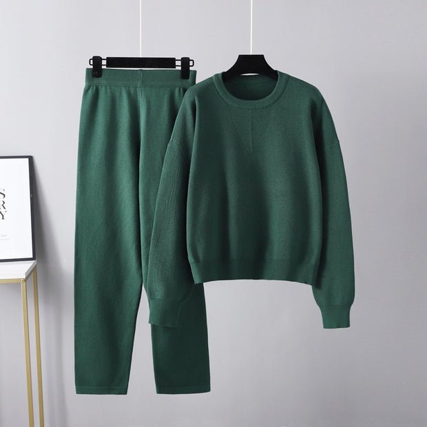 Solid color crew neck sweater knitted two-piece set