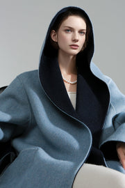 Elegant Double-Faced Tencel Wool Cape Coat for Women – Luxury Hooded Two-Tone Winter Outerwear