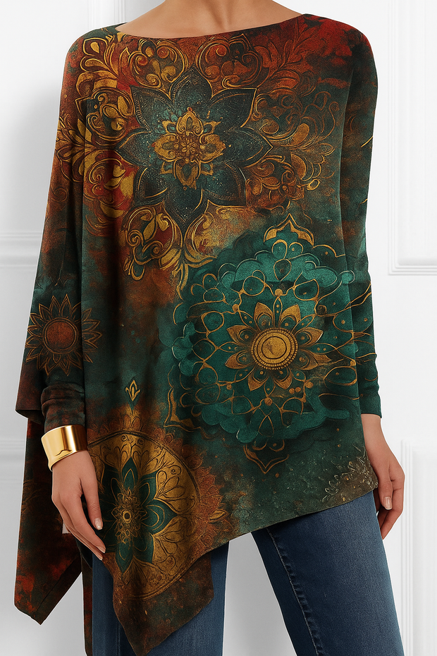 Women Ethnic Long Sleeve Shirt Spring/Fall Crew Neck Daily Casual Top