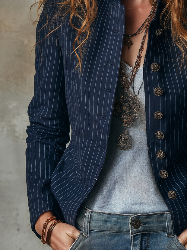 Retro Stand Collar Striped Long Sleeve Jacket