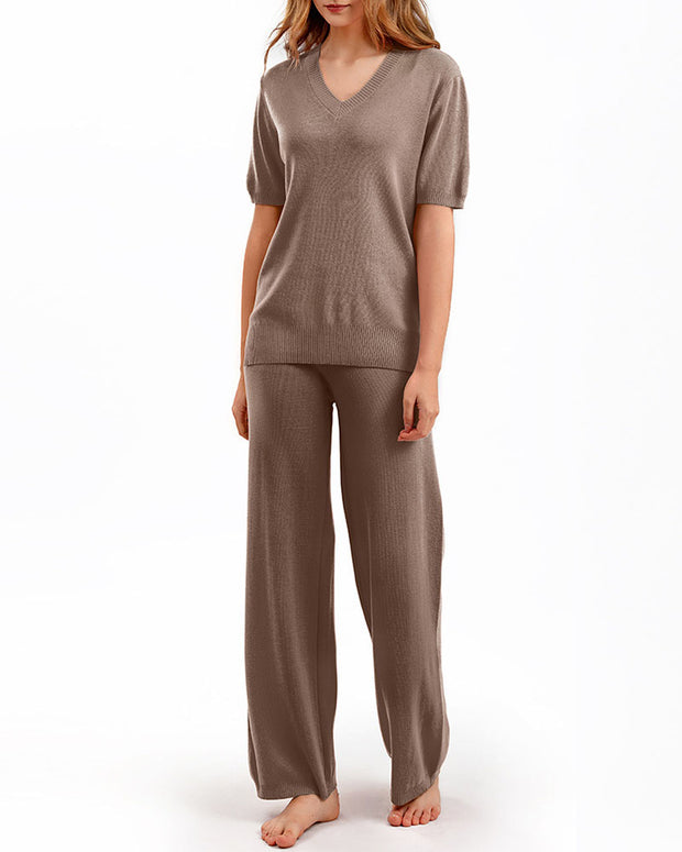 V-neck loose slit sweater straight-leg trousers two-piece set